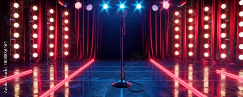 Empty stage with microphone for comedy evening, background template