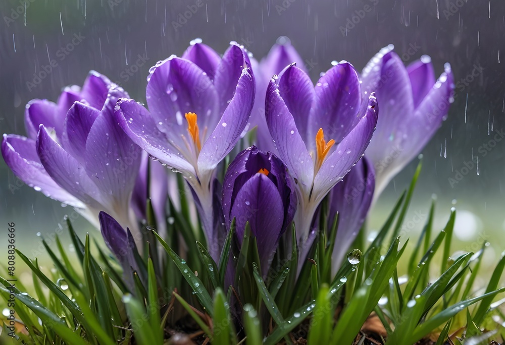 crocus flowers blooming in the rain, with water droplets on the petals and a blurred green grass background