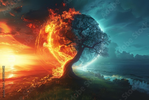 A powerful image of Earth where fiery turmoil meets tranquil landscapes  urging a dialogue on global environmental challenges