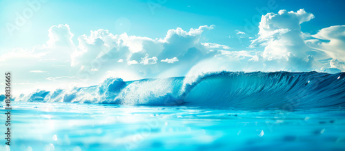 Light blue ocean, big wave over sea. Sunny Seascape background.