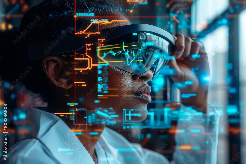 A scientist exploring virtual data layers through augmented reality glasses, with digital information overlaying the real world A scientist exploring virtual data layers through augmented reality glasses, with digital information overlaying the real world
