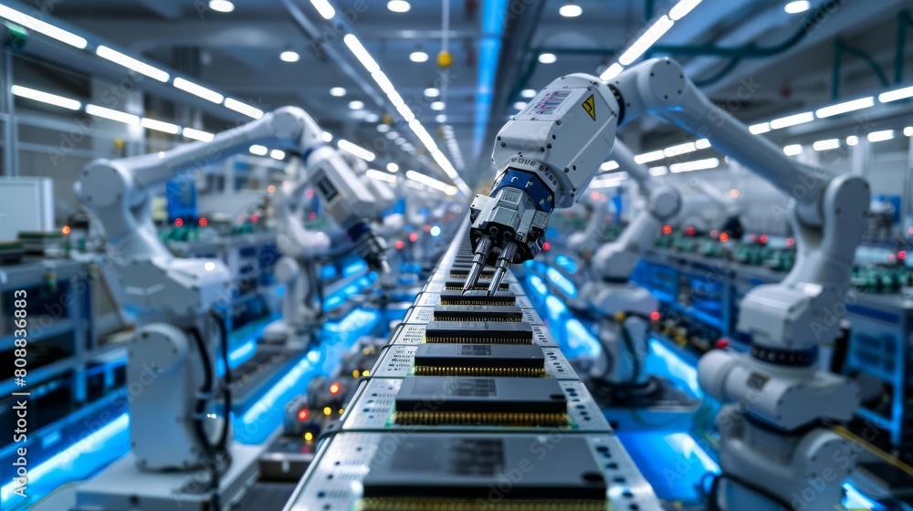 A semiconductor fabrication plant where robotic arms and technicians in clean suits assemble microchips under blue lights A semiconductor fabrication plant where robotic arms and technicians in clean suits assemble microchips under blue lights