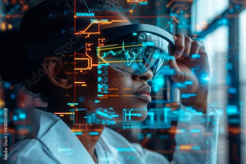 A scientist exploring virtual data layers through augmented reality glasses, with digital information overlaying the real world