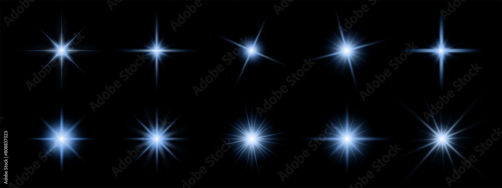 Set of sparkling blue stars on black background. Glow effect. Christmas concept. Festive lights. Vector EPS 10 Set of sparkling blue stars on black background. Glow effect. Christmas concept. Festive lights. Vector EPS 10