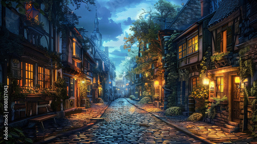 cobbled street of ancient town in evening with blue cloudy sky