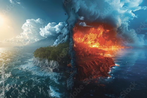 A striking depiction of the planet split between fiery devastation and pristine natural beauty, challenging viewers to reflect on environmental preservation photo