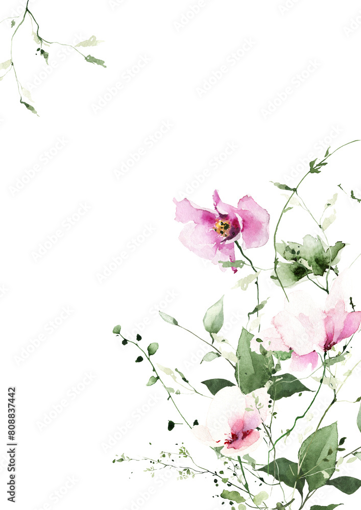 Watercolor floral frame on white background. Delicate poppy wild flowers, green herbs, leaves and twigs.
