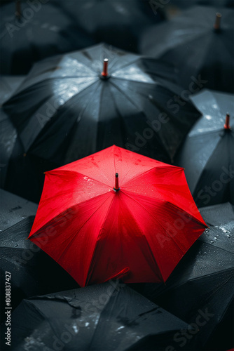 Vivid red umbrella standing out among black umbrellas during a rainy day  symbolizing uniqueness and individuality - AI generated