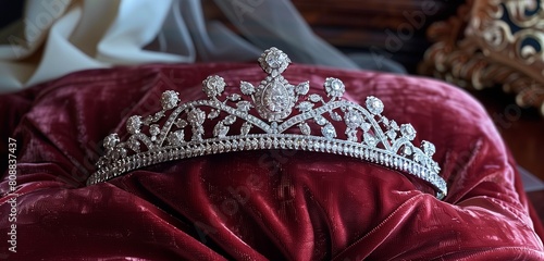 A dazzling diamond tiara shimmering atop a luxurious velvet cushion.