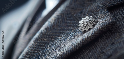 A mesmerizing diamond brooch pinned to the lapel of a tailored blazer.