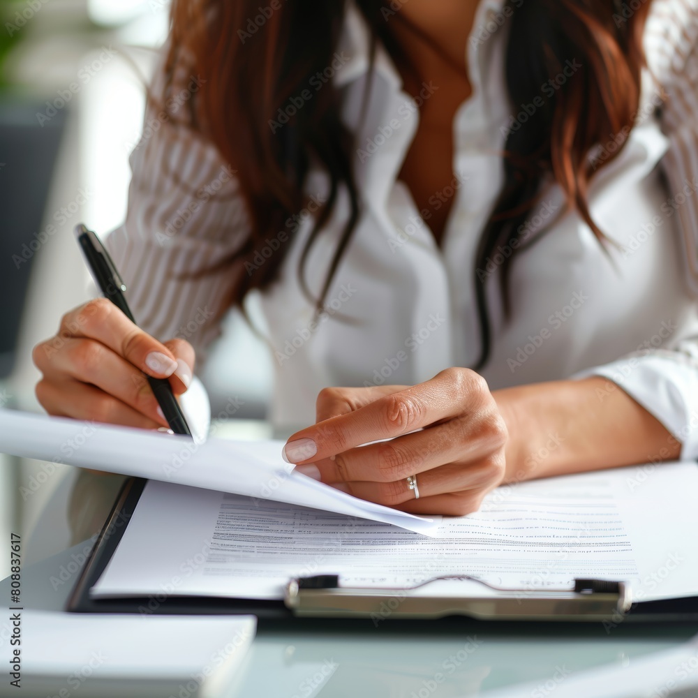 A woman is writing with a pen on a piece of paper A woman is writing with a pen on a piece of paper