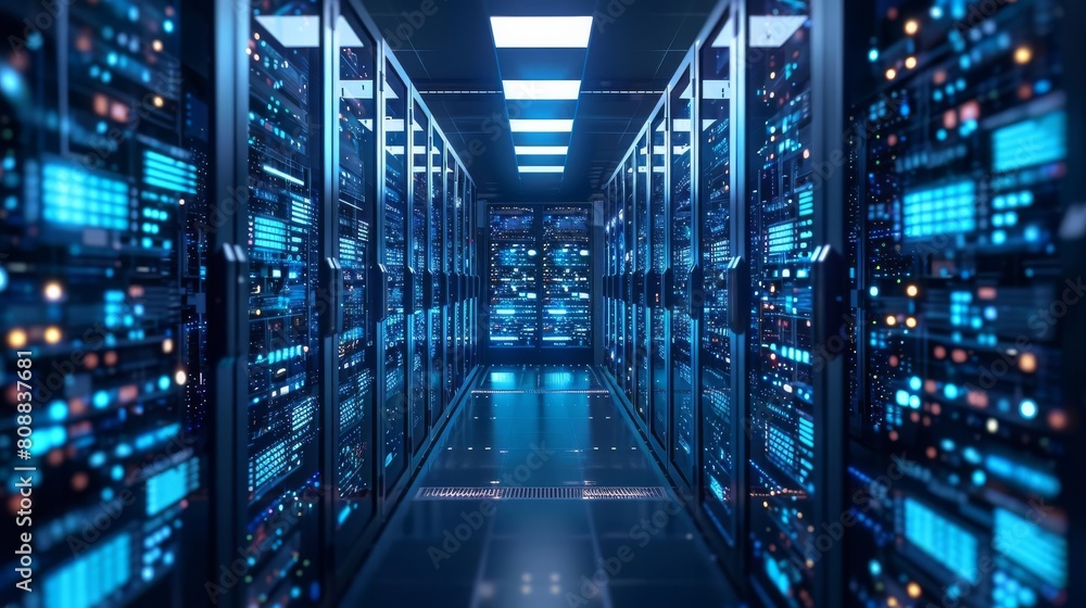 Advanced server room with glowing circuit boards and dynamic data screens, showcasing the backbone of modern digital infrastructure Advanced server room with glowing circuit boards and dynamic data screens, showcasing the backbone of modern digital infrastructure