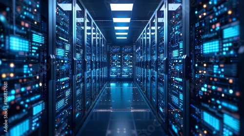 Advanced server room with glowing circuit boards and dynamic data screens  showcasing the backbone of modern digital infrastructure