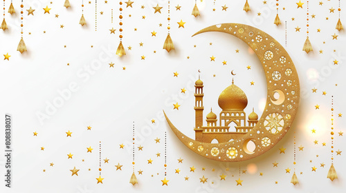 Golden Crescent Moon with Mosque Silhouette and Stars, Elegant Ramadan Celebration Background