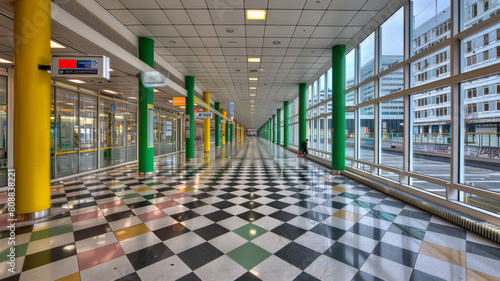 A long  empty hallway with a checkered floor