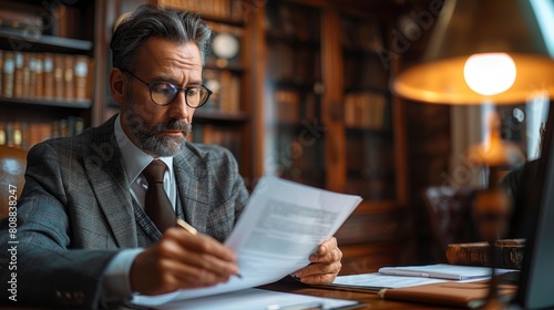 A man in a suit is sitting at a desk with a stack of papers in front of him