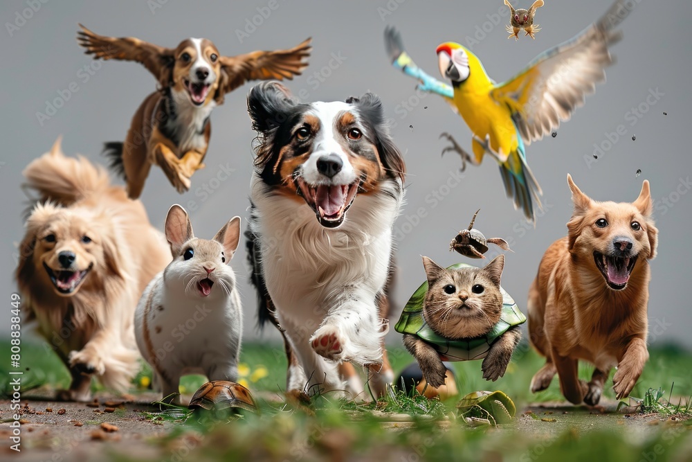 two dogs of different breeds, 3 cats of different breeds, a parrot, a turtle, a hamster, a rabbit run towards the camera two dogs of different breeds, 3 cats of different breeds, a parrot, a turtle, a hamster, a rabbit run towards the camera