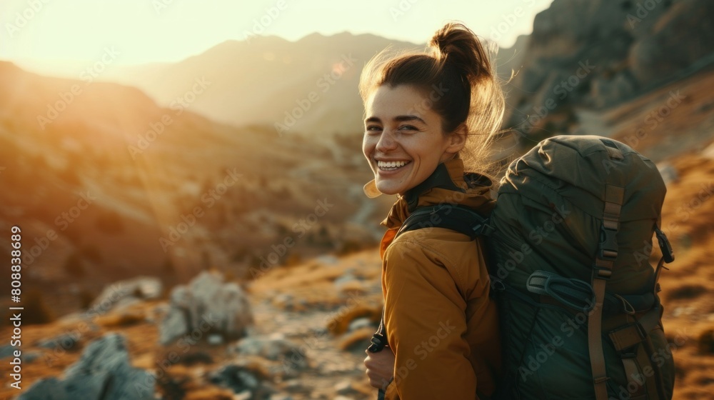 Beautiful woman wearing hiking clothes, smiling with happiness, adventure traveling alone on the top of mountains with backpack in vacation trip on weekend