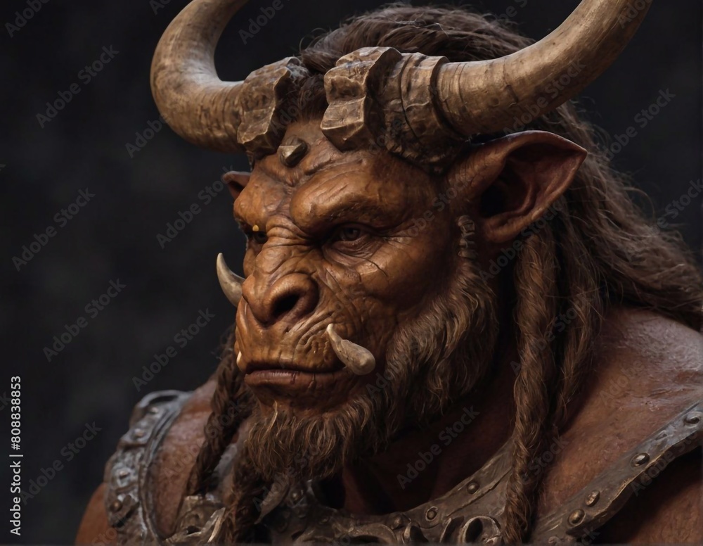 The ancient Greek mythological character Minotaur is a half-man, half-wolf. A terrible monster from ancient legends. A character with a human body and a bull's head with horns.