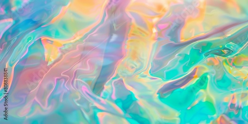 A colorful, flowing holographic background with a rainbow of colors. The background is a mix of green, orange, and pink