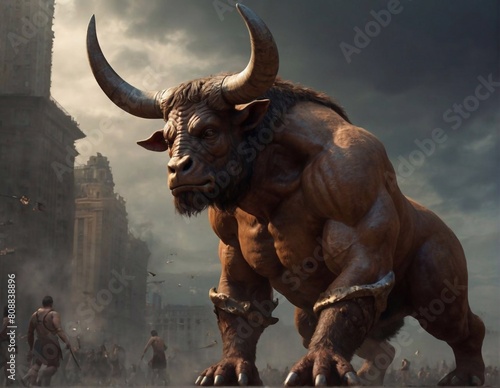 The ancient Greek mythological character Minotaur is a half-man  half-wolf. A terrible monster from ancient legends. A character with a human body and a bull s head with horns.