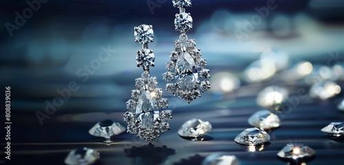 Exquisite diamond drop earrings dangling gracefully from delicate earlobes. photo