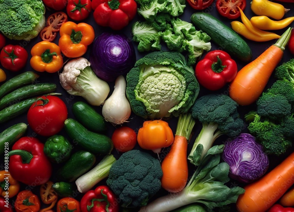 Fresh vegetables on a black background, top view, close-up