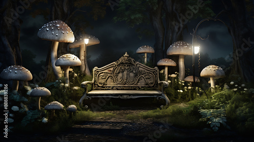 Agaricus mushrooms in a moonlit garden with a vintage wrought-iron bench and a fountain. photo