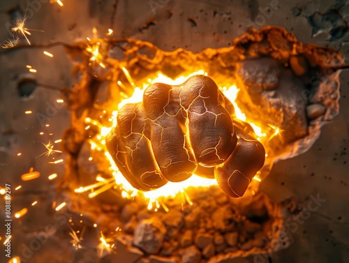Cinematic angle of a glowing, superheated fist breaking through a concrete wall, creating a spectacle of light and sparks photo
