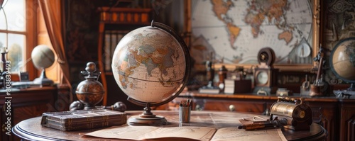 Classic study room ambiance with a detailed globe, maps, and navigational tools, highlighting the age of exploration