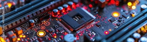 Closeup of a digital motherboard with pulsating lights and complex circuit paths, symbolizing cuttingedge technology development