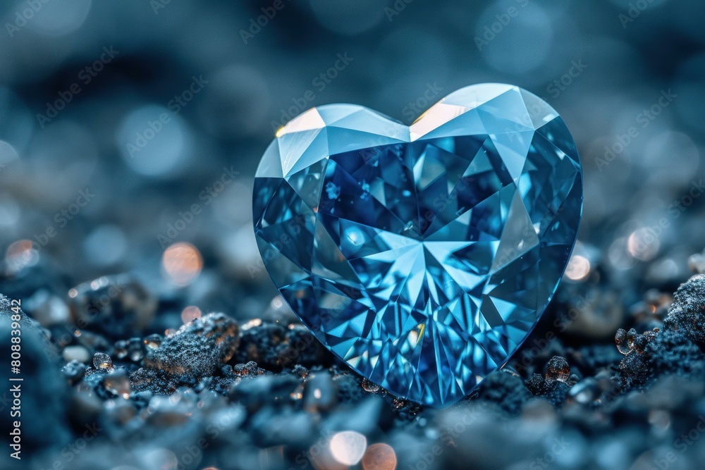 Elegant blue heart-shaped sapphire against a glittering backdrop with shimmering bokeh Elegant blue heart-shaped sapphire against a glittering backdrop with shimmering bokeh
