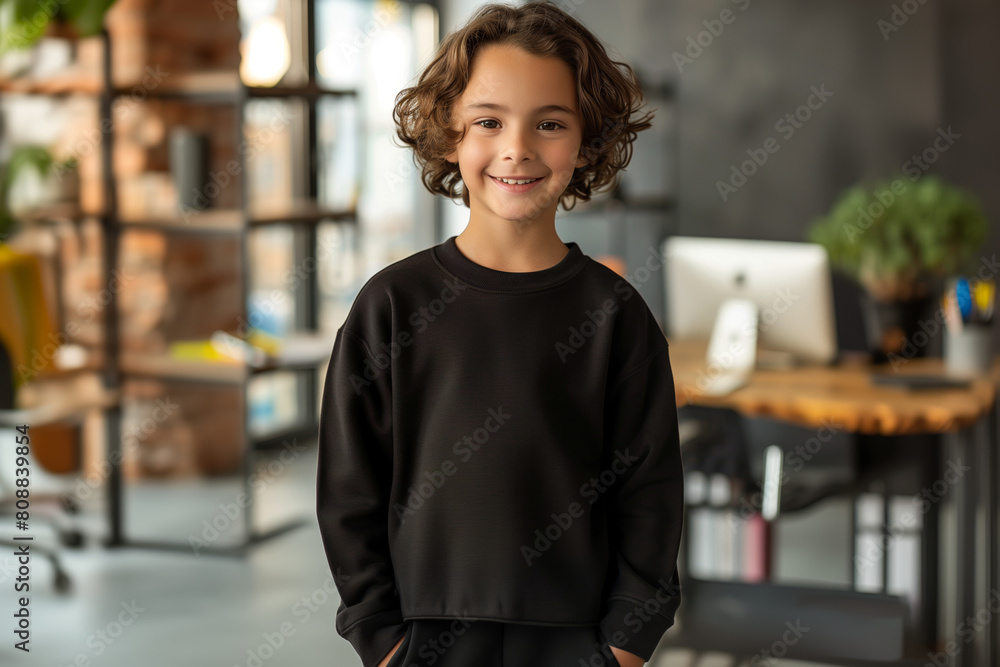 Portrait of cute boy in black hoodie with place for text or image mockup isolated office background