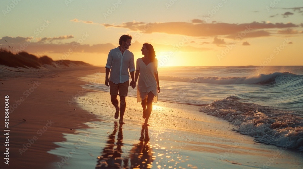 Full body back view young lovely couple two friends family man woman in casual clothes hold hands walking stroll together at sunrise over sea beach ocean outdoor exotic seaside in summer day evening