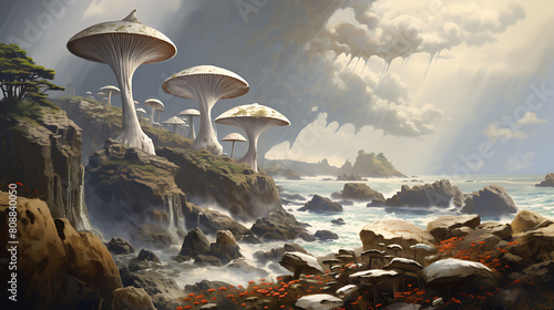 Agaricus mushrooms in a scenic coastal scene, with waves crashing against rugged rocks and seagulls flying overhead. photo