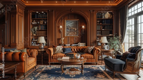 interior design harmony  the warm wood paneling on the arched wall harmonizes beautifully with the rich furniture  creating a cozy and inviting atmosphere in the room