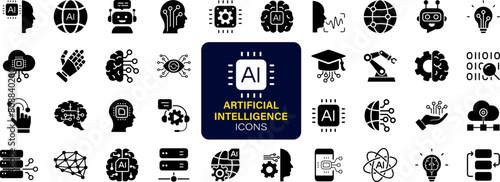 Artificial intelligence set of web icons. AI technology icons for web and mobile app. Machine learning, digital AI technology, algorithm, smart robotic, cloud computing. Solid vector icons collection