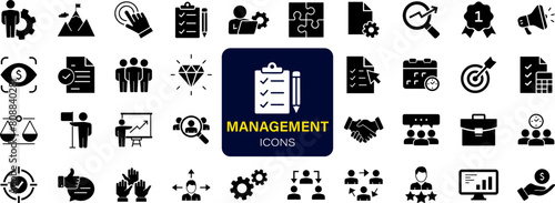 Business Management set of web icons. Management icons for web and mobile app. Media, teamwork, vision, mission, business, planning, strategy, marketing. Solid vector icons collection