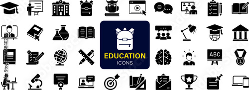 Education set of web icons. Learning icons for web and mobile app. E-learning, video tutorial, knowledge, study, school, university, webinar, online education. Solid vector icons collection