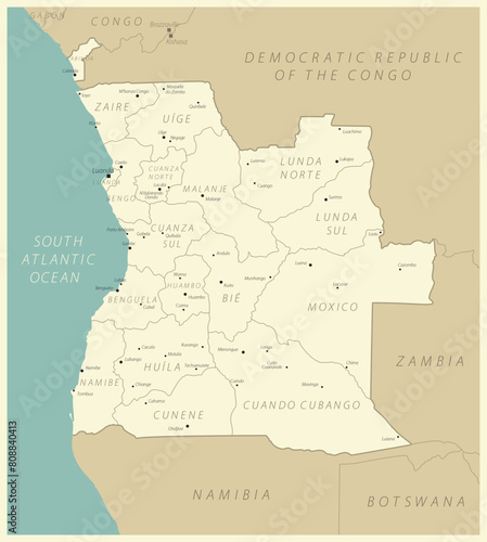Angola - detailed map with administrative divisions and capitals of countries. Vector illustration