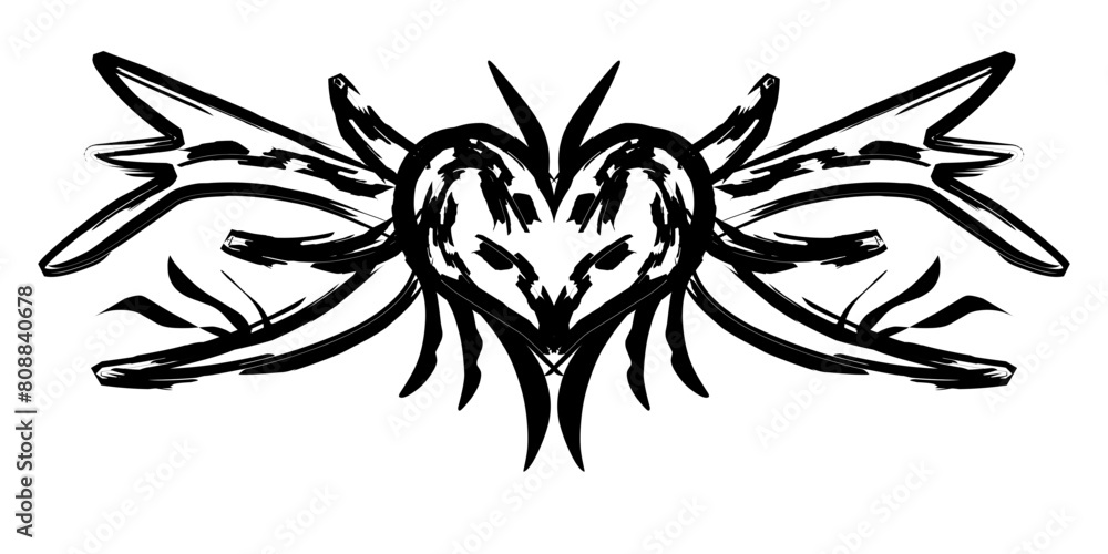 Neo tribal y2k tattoo with heart shape. Cyber sigilism style hand drawn ornaments. Vector illustration of black gothic tribal tattoo designs Neo tribal y2k tattoo with heart shape. Cyber sigilism style hand drawn ornaments. Vector illustration of black gothic tribal tattoo designs