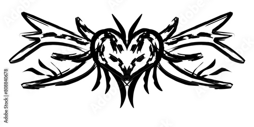 Neo tribal y2k tattoo with heart shape. Cyber sigilism style hand drawn ornaments. Vector illustration of black gothic tribal tattoo designs