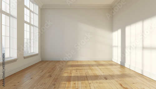 Empty room with a large window on the side. Mockup of a white wall with a wooden floor. Realistic illustration