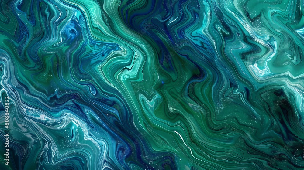 Shimmering green and blue paint swirl together, creating a sparkly background with an abstract wave pattern. The paint blends into a grainy texture, leaving open space for text or design.