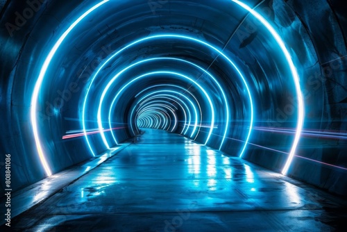 Abstract tunnel, corridor with rays of neon light. Abstract neon blue background. Round arch, night view