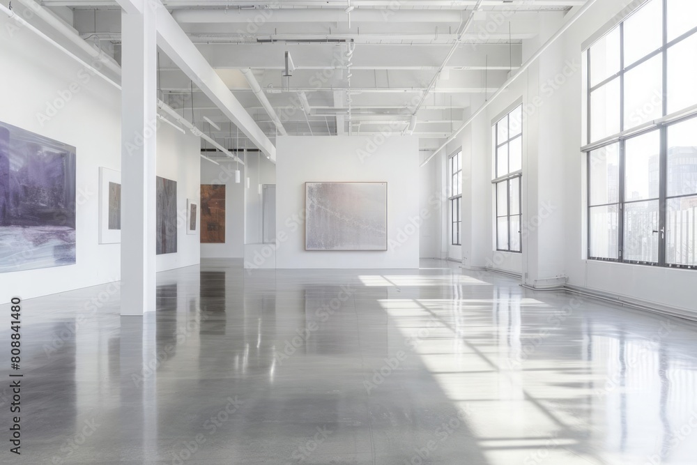 A minimalist urban loft with expansive white walls, concrete floors, and a single statement piece of art