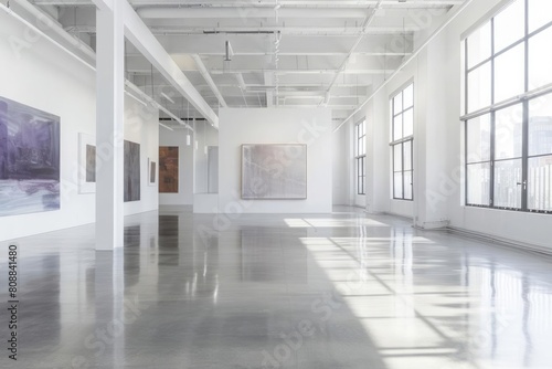 A minimalist urban loft with expansive white walls  concrete floors  and a single statement piece of art