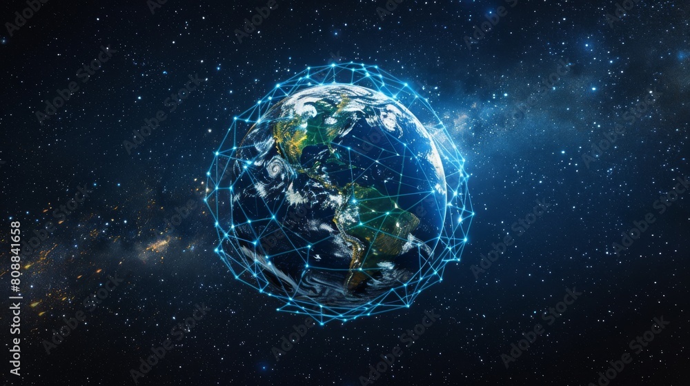 A planet with a network of lines connecting it to other planets A planet with a network of lines connecting it to other planets