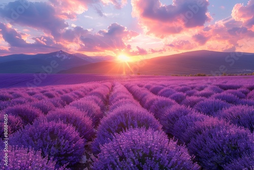 Majestic scene of lush purple lavender rows stretching out with a beautiful mountain range in the background at sunset photo