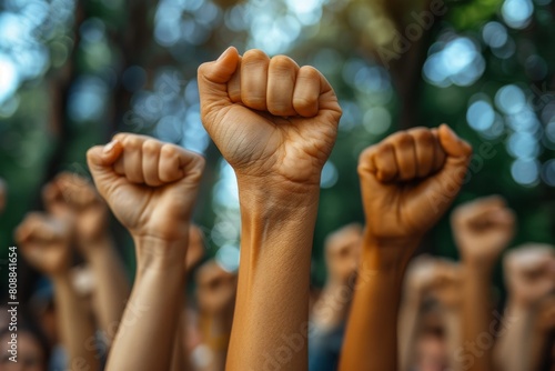 A group of clenched fists held high, asserting power and unity in a backdrop of lush greenery, symbolizing environmental activism photo